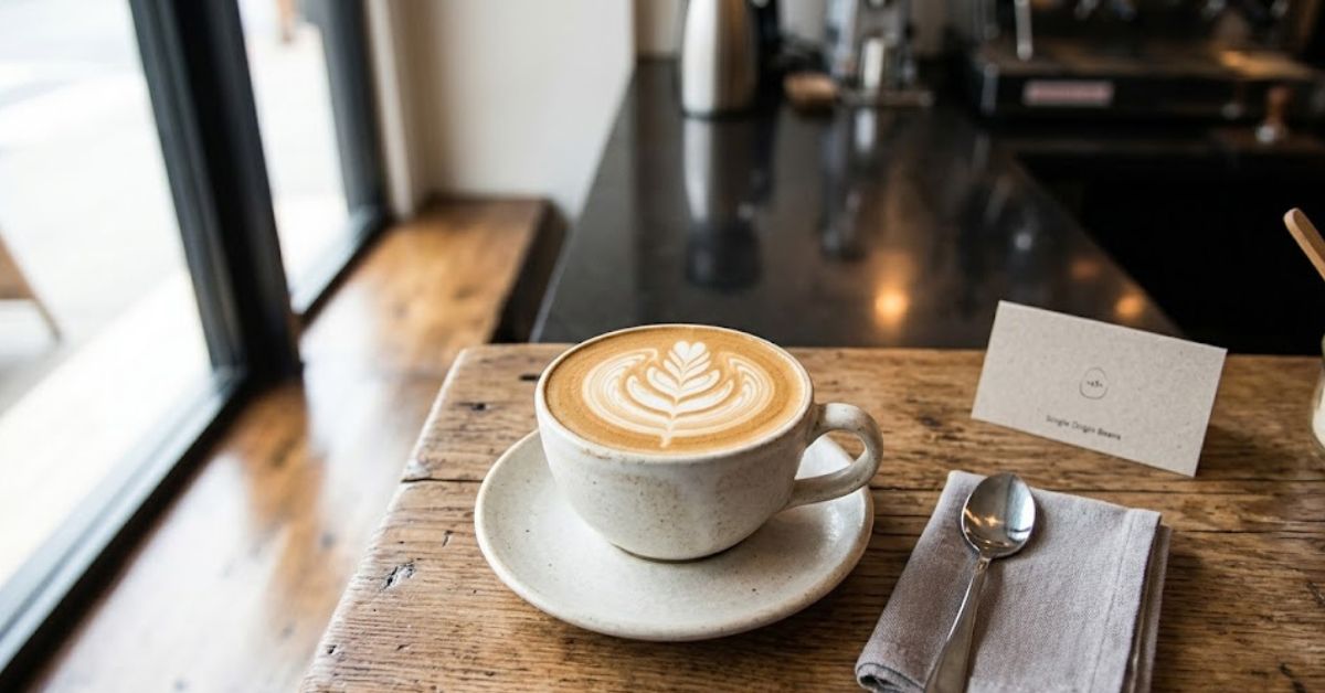 Latte with art on a wooden table.