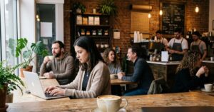 Woman working on laptop in a busy cafe.