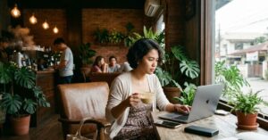 Woman working on a laptop in a cafe.