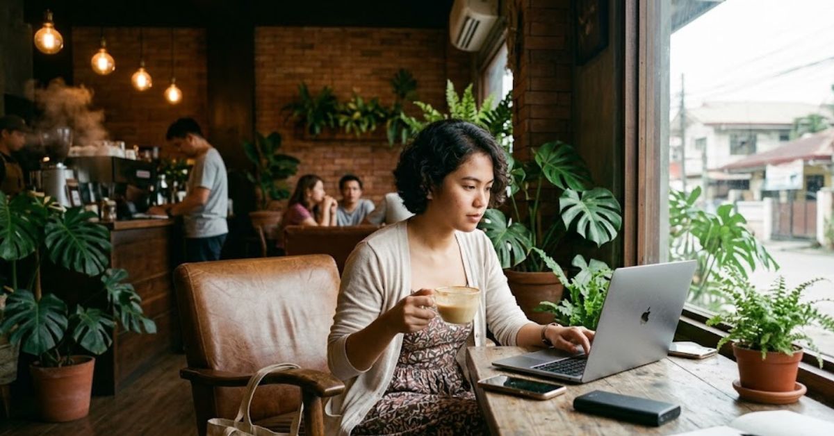 Woman working on a laptop in a cafe.