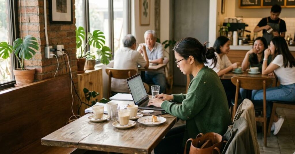 Woman working on a laptop in a cafe.