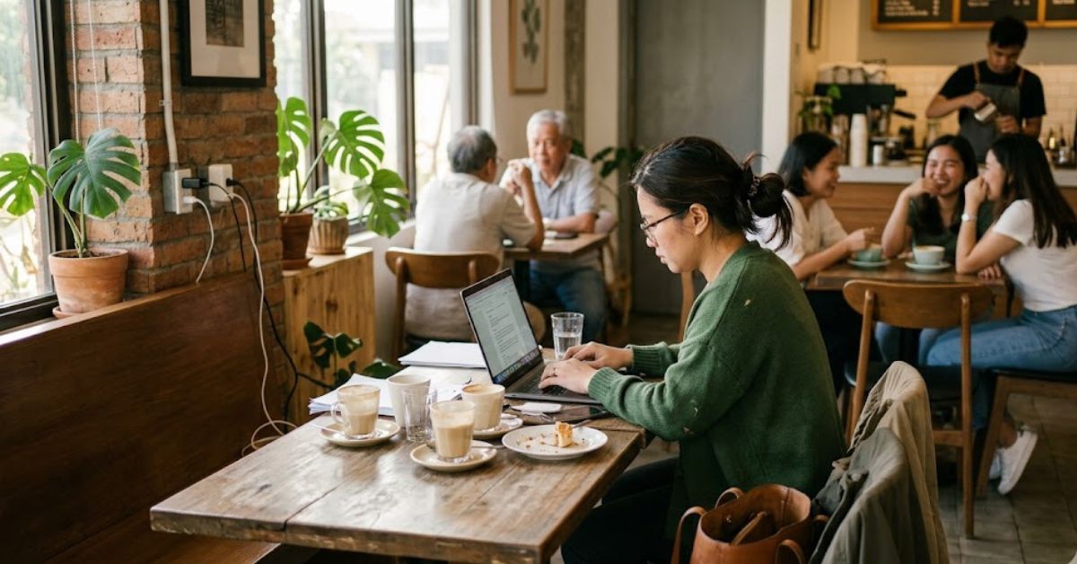 Woman working on a laptop in a cafe.