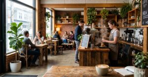 Cozy coffee shop interior with barista and customers enjoying a warm atmosphere