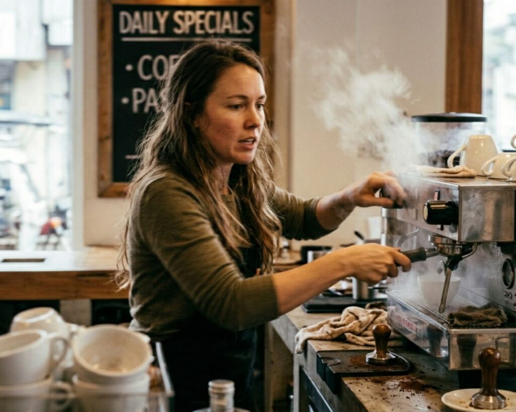 Busy barista working under pressure in a café