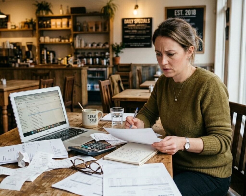 Coffee shop owner reviewing finances and paperwork with concern