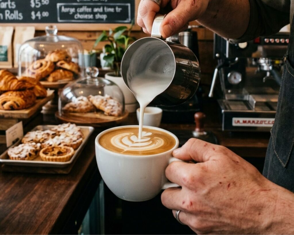 Barista creating latte art with coffee and pastries in a café
