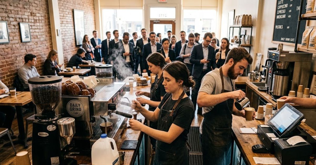 Baristas and customers in A Busy Coffee Shop