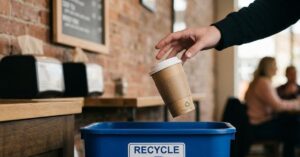 Hand dropping coffee cup into a recycling bin.