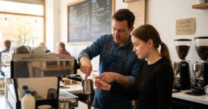 Barista teaching a trainee how to steam milk.