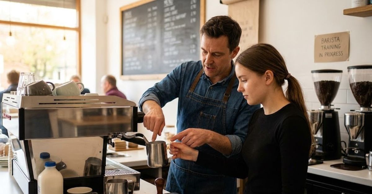 Barista teaching a trainee how to steam milk.