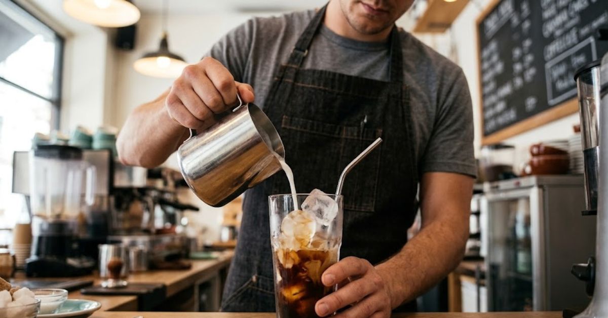 Barista pouring milk into an iced coffee.