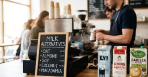Cafe counter with milk alternatives sign and cartons.