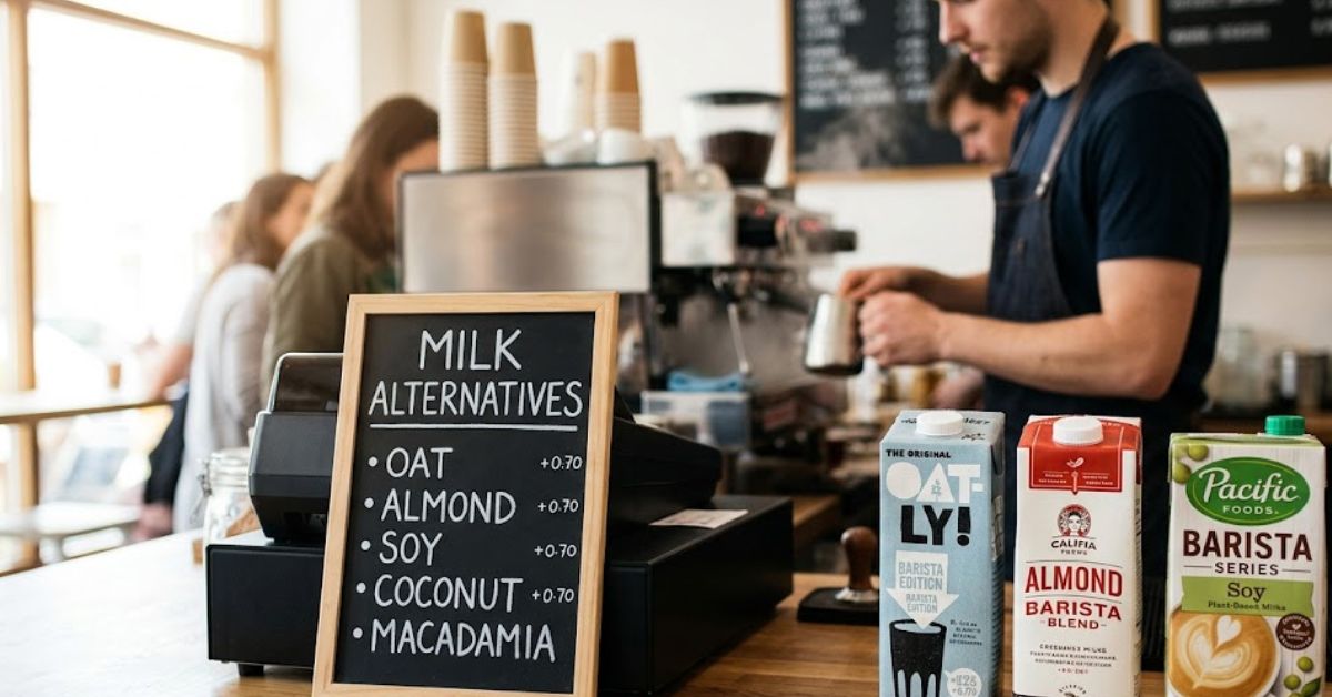 Cafe counter with milk alternatives sign and cartons.