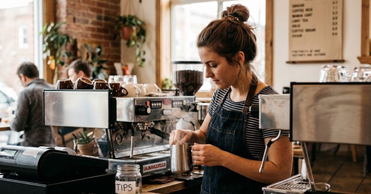 Barista steaming milk at an espresso machine.