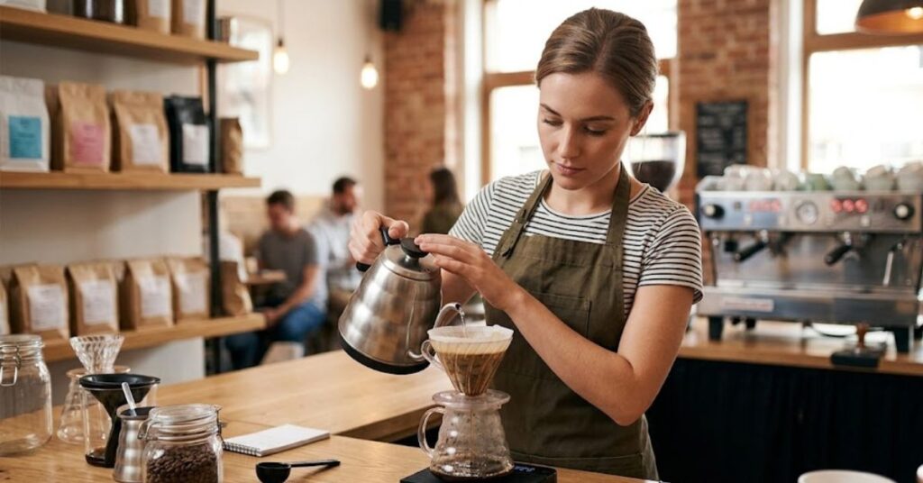Barista carefully pouring water for pour-over coffee.