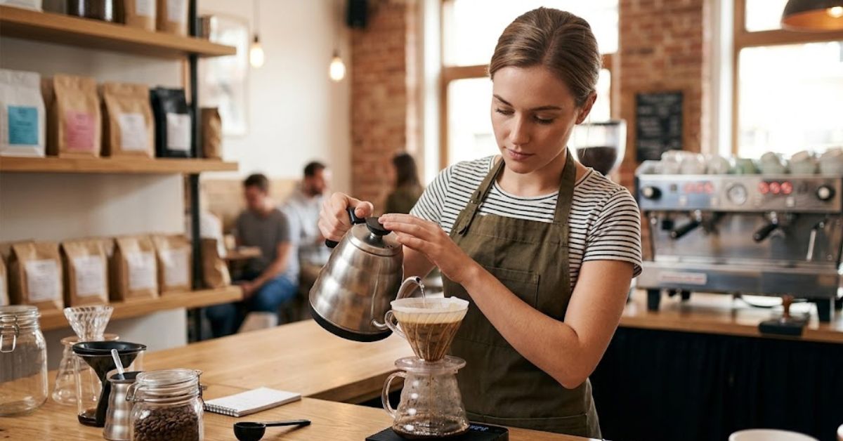 Barista carefully pouring water for pour-over coffee.