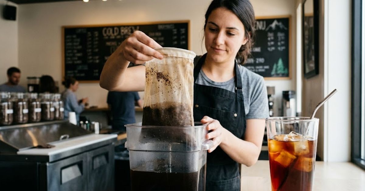 Barista lifting a cold brew filter bag.