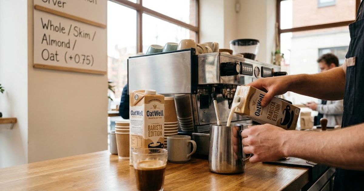 Barista pouring oat milk in a cafe.