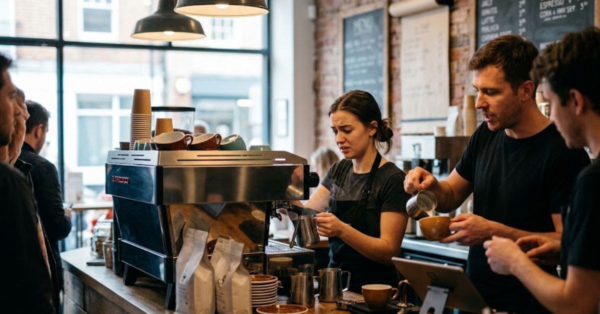 Busy baristas making coffee for waiting customers.