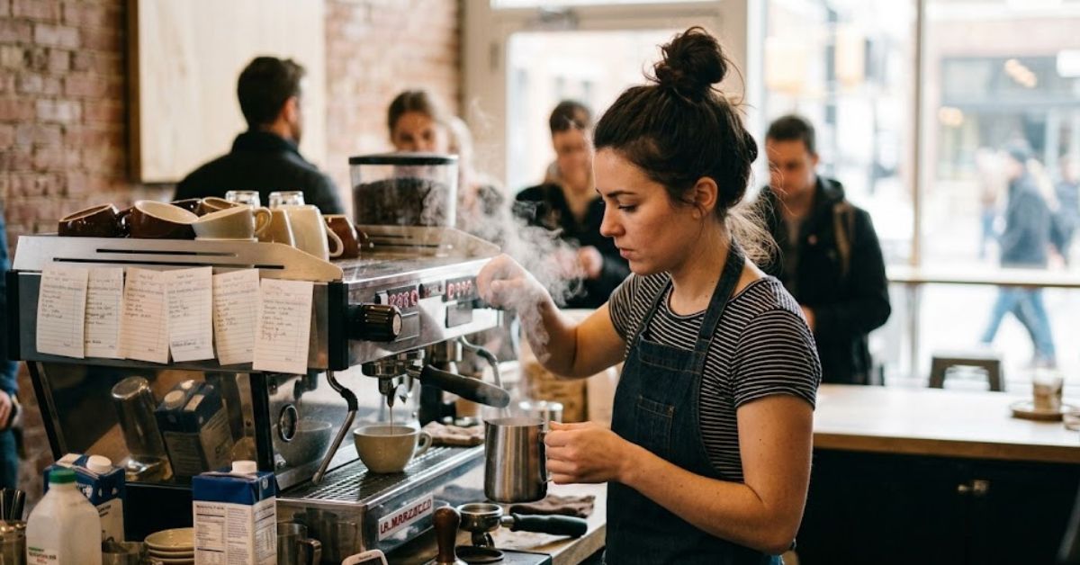 Busy barista steaming milk at an espresso machine.