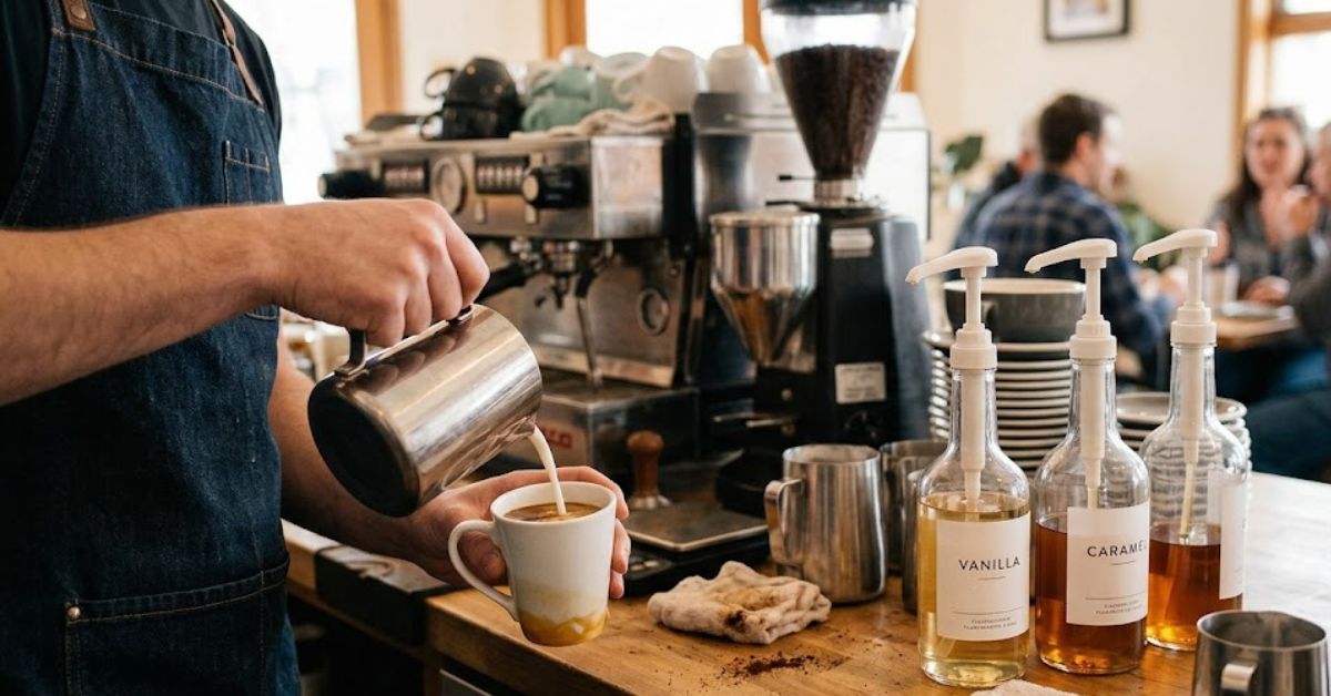 Barista pours steamed milk into white coffee cup.