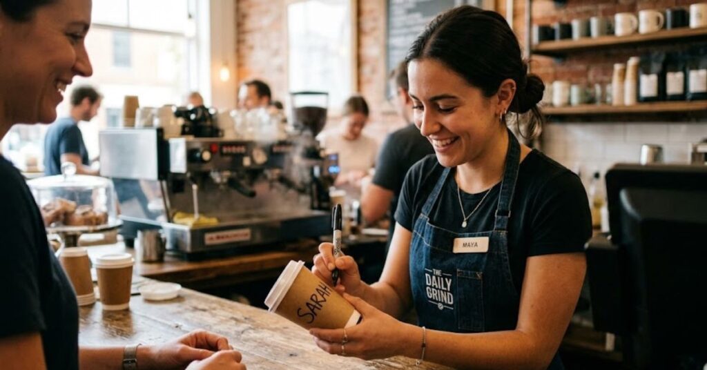 Smiling barista writing name on coffee cup.