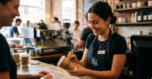Smiling barista writing name on coffee cup.