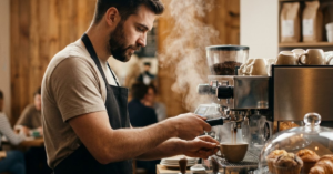 Barista brewing steaming coffee on an espresso machine.