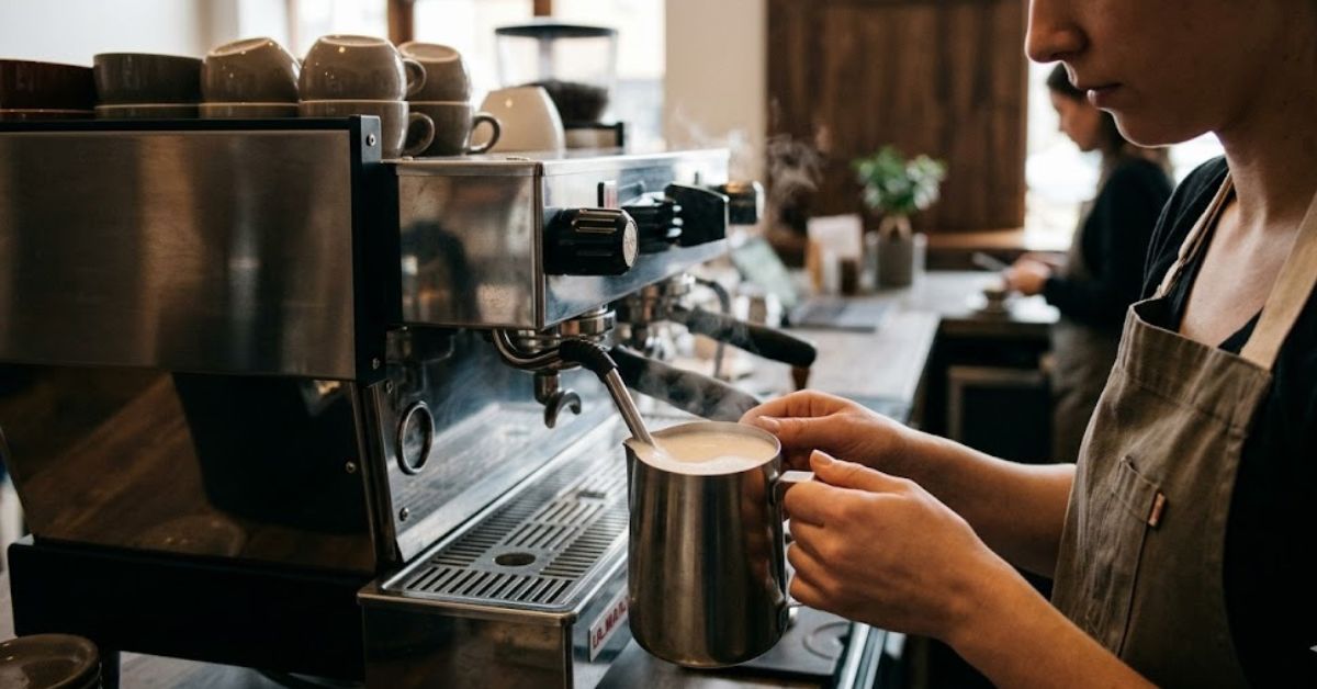 Barista frothing milk with an espresso machine.