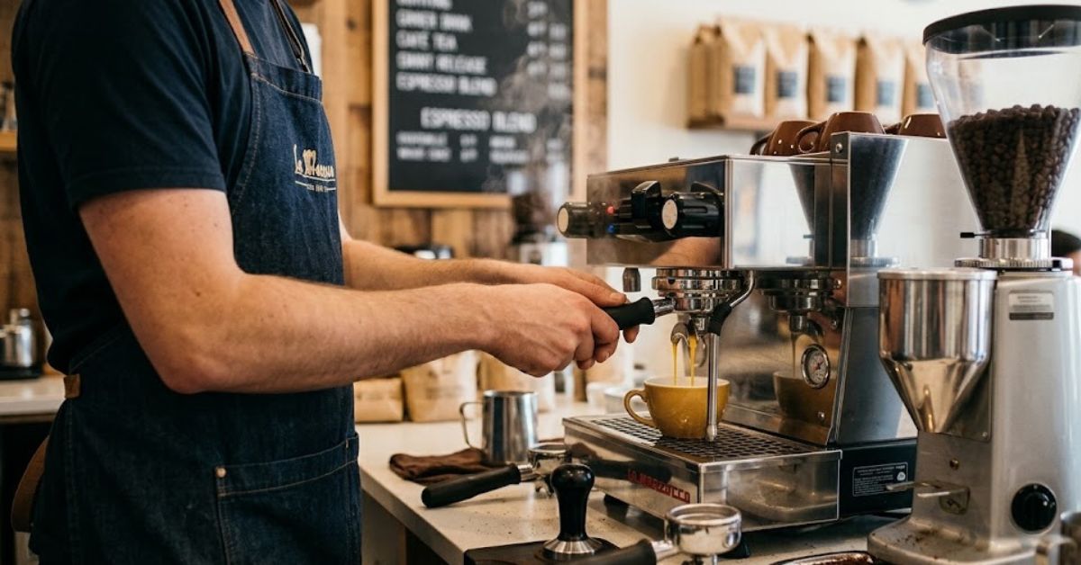 Barista pulling an espresso shot into a cup.