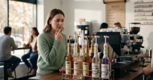 Woman choosing coffee syrups in a cafe.