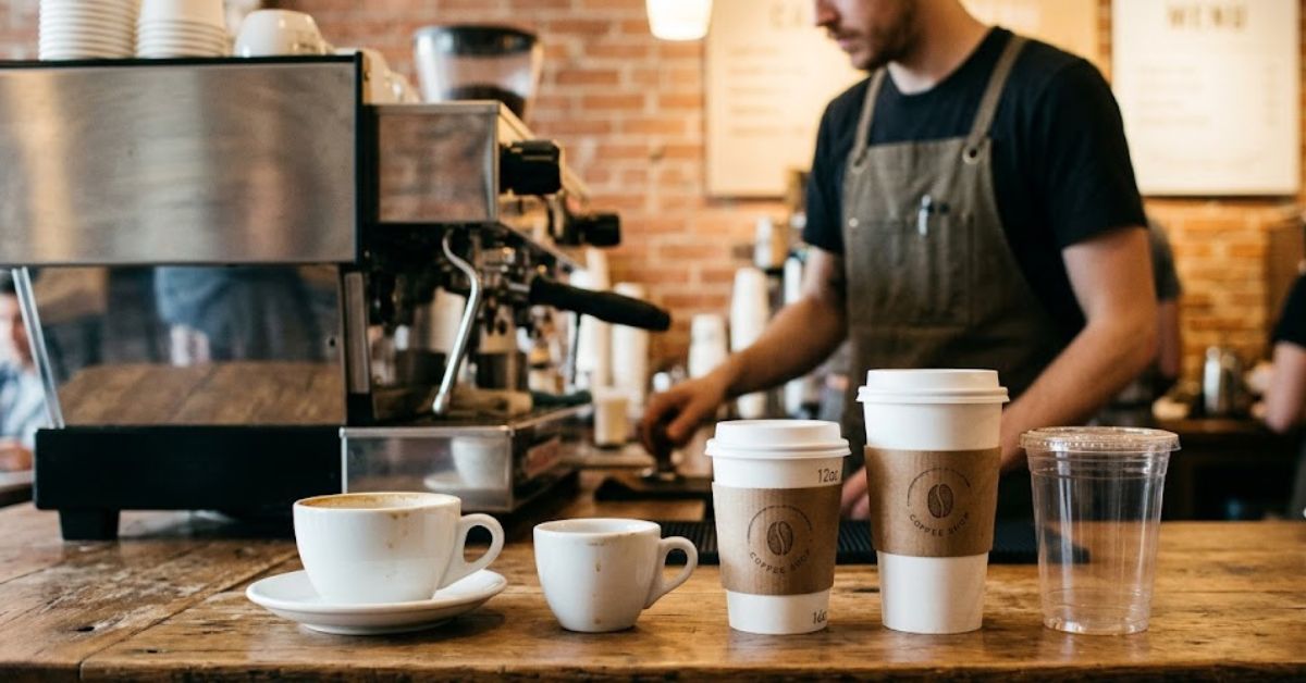 Five different coffee cups on a cafe counter.