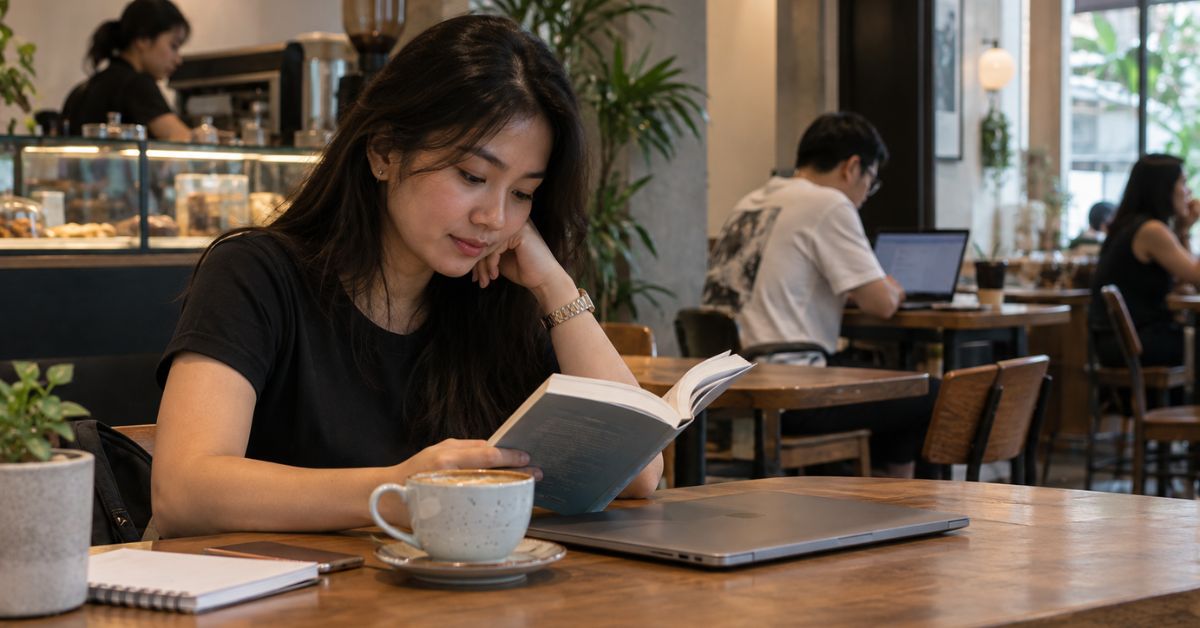 Woman reading alone with coffee in café