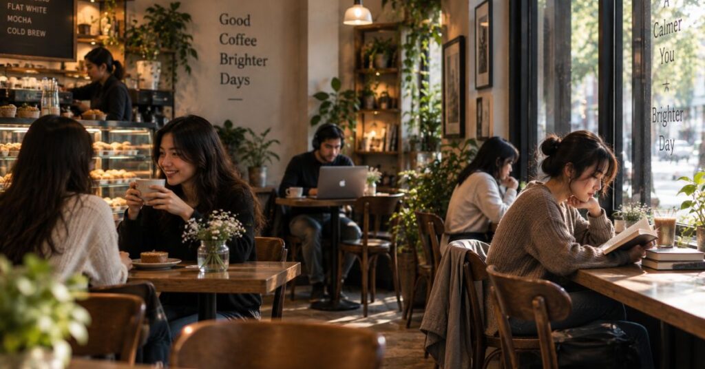 People relaxing, working, and socializing in café