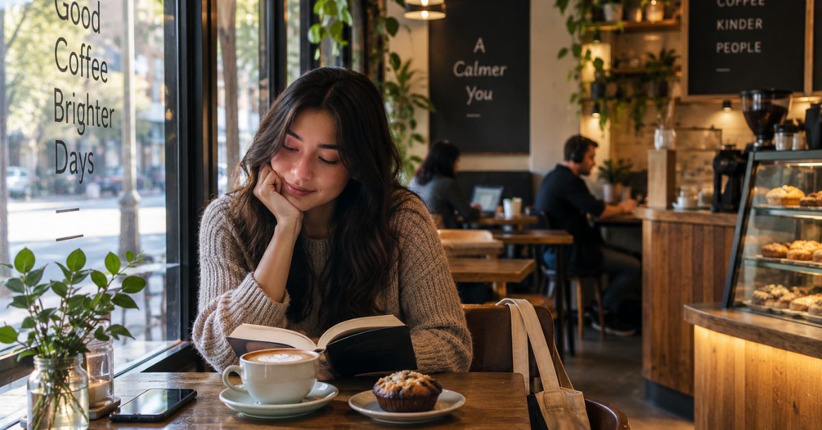 Woman reading alone with coffee in cozy café